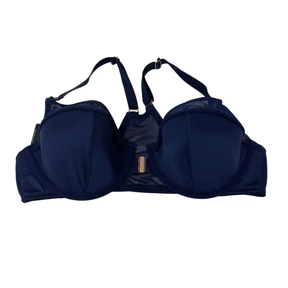 Soma Sensual Front Close Demi Bra 32C Navy Blue Underwire Mesh Lace Trim